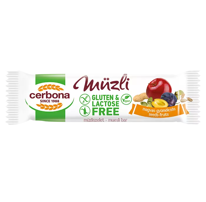 Cerbona gluténmentes müzliszelet magvas-gyümölcsös 35g Cerbona gluténmentes müzliszelet magvas-gyümölcsös 35g
