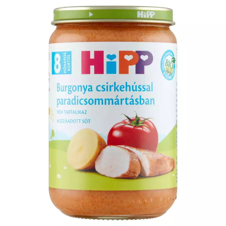 HiPP BIO burgonya+ csirkehús paradicsommártás 8.hó 220g HiPP BIO burgonya+ csirkehús paradicsommártás 8.hó 220g