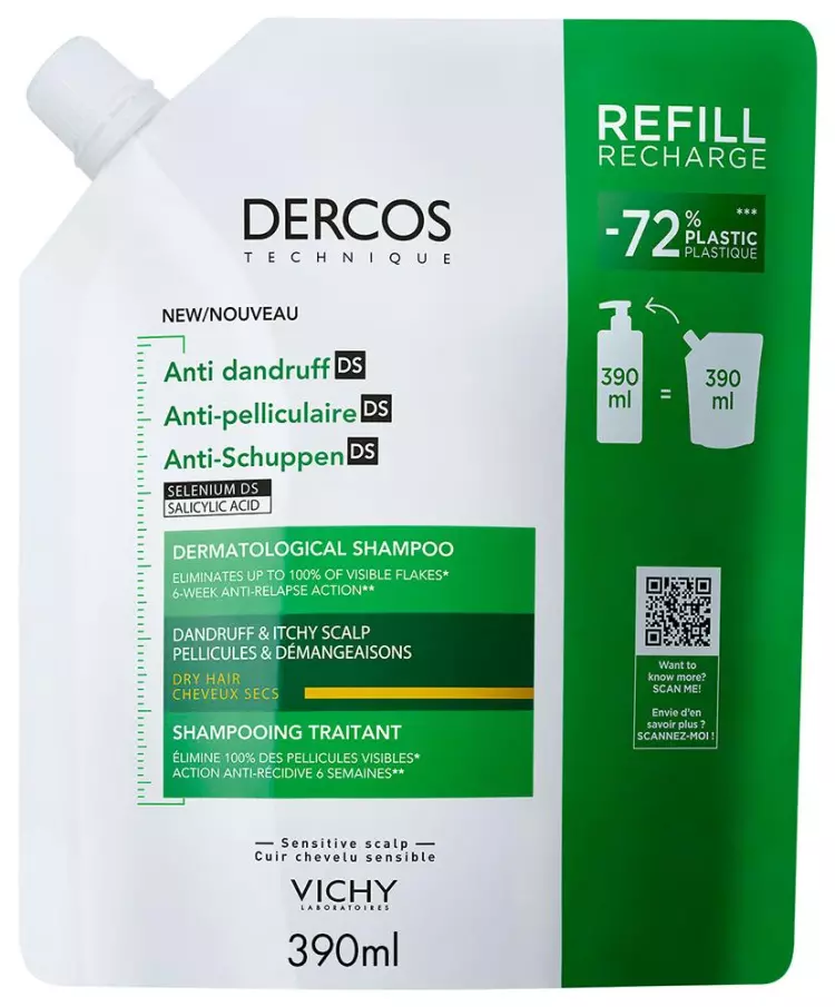 Vichy Dercos sampon korpásodás ellen száraz hajra utántöltő 390ml
