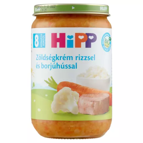 HiPP BIO zöldségkrém rizzsel és borjúhússal 8.hó 220g