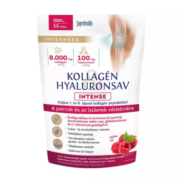 Interherb Intense kollagén -hyaluronsav italpor málna 300g Interherb Intense kollagén -hyaluronsav italpor málna 300g